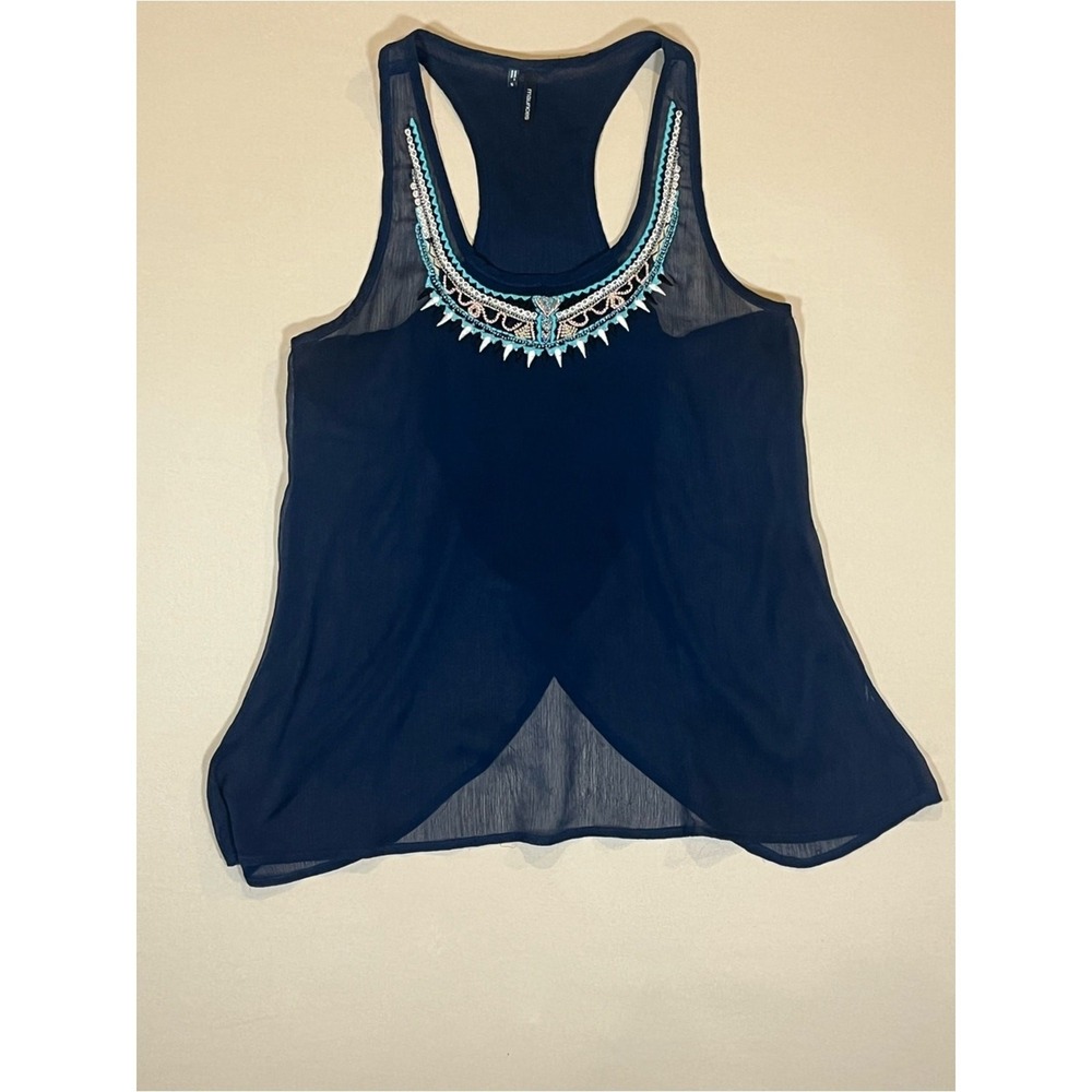 Maurices Womens Navy Blue Embellished Chiffon Racerback Tulip Back S Casual Chic